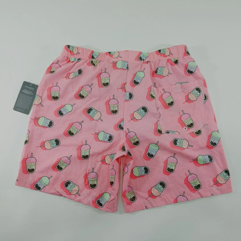 Mosmann Australia Mens XL Pink Boba Tea Print Swim Trunks Stretch Board‎ Shorts